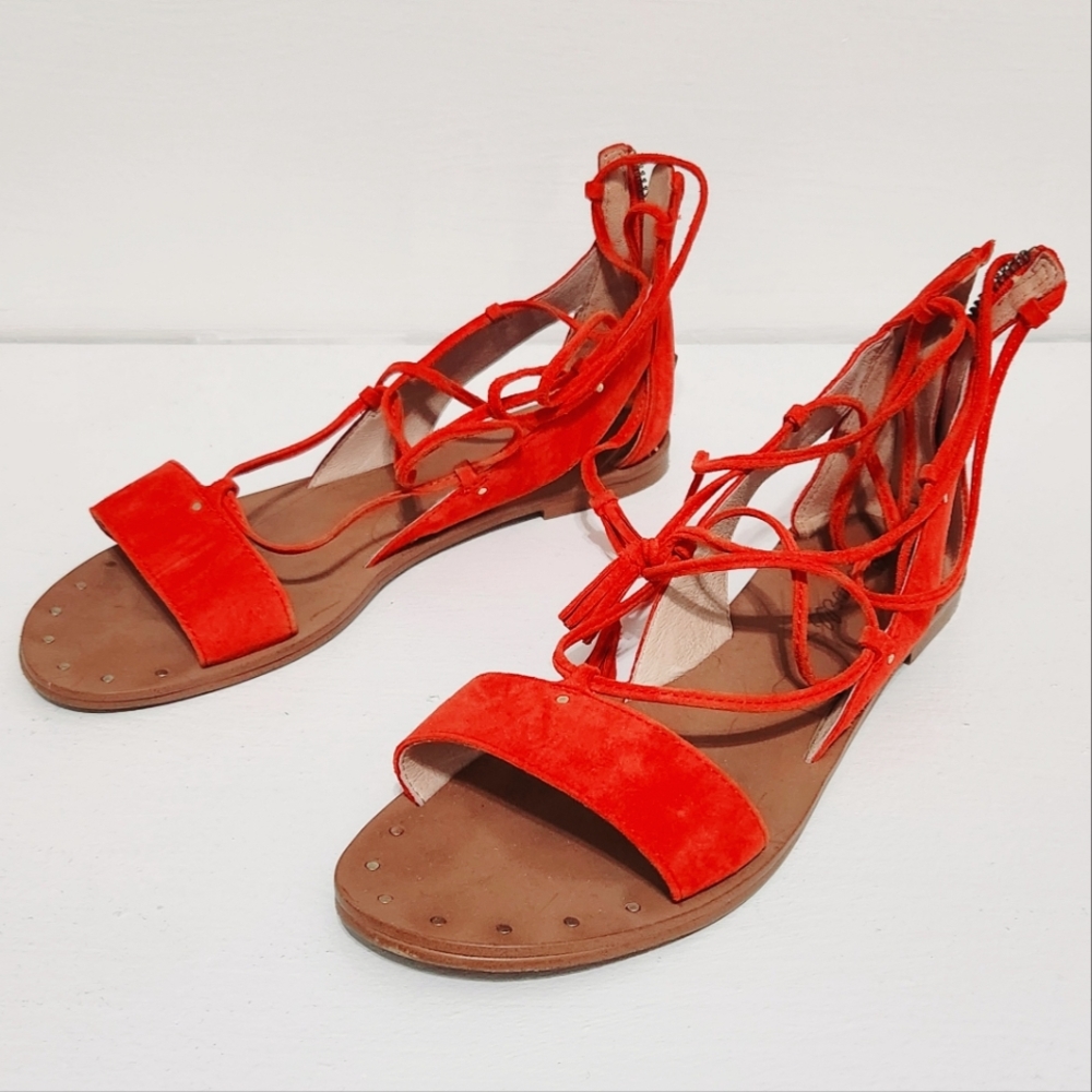 Madewell Coral Red Suede Lace Up Gladiator Sandals